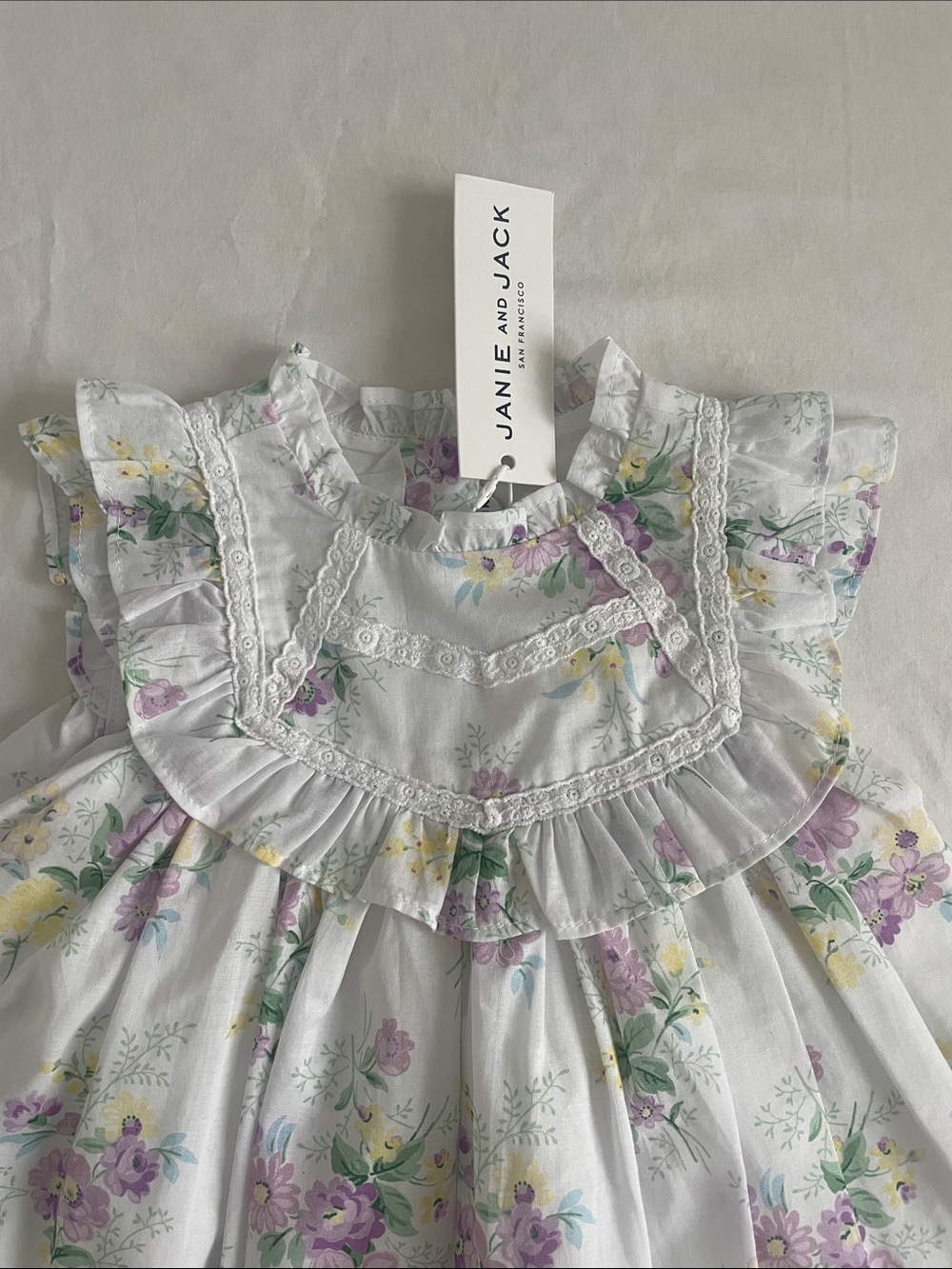 Janie and Jack White Floral Ruffle dress w/ Lavender & Yellow Blooms 6-12m (NWT) - Picture 4 of 7
